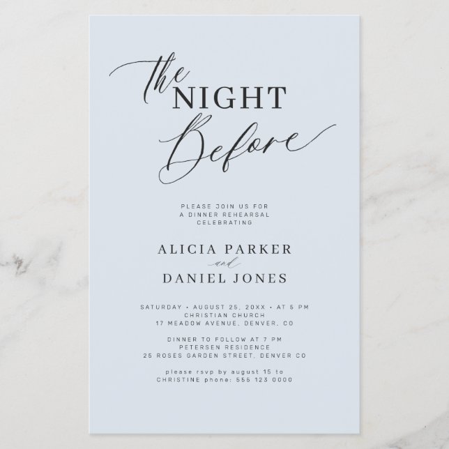 Budget dusty blue rehearsal dinner invitation flygblad (Framsidan)