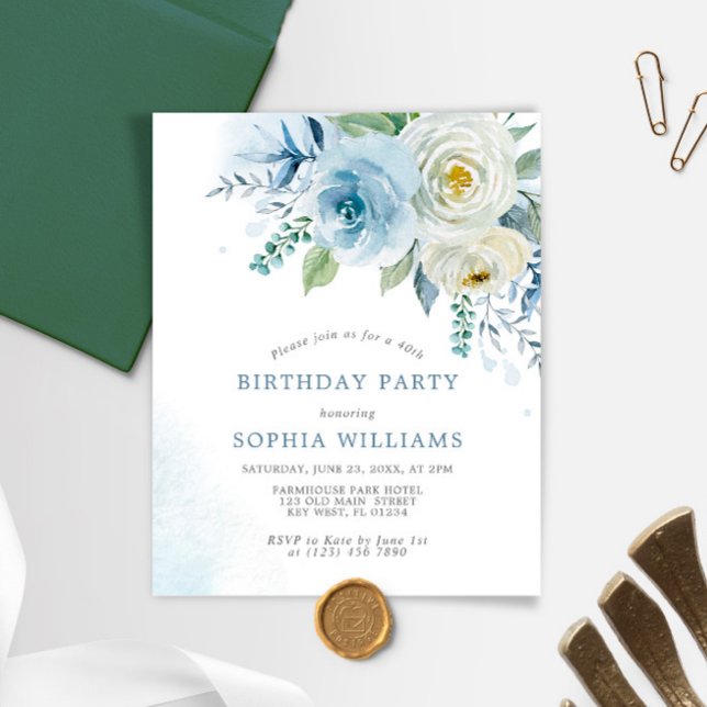 Budget Dusty Blue Ro Födelsedagsfest inbjudan (Skapare uppladdad)