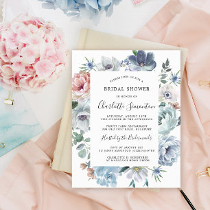 Budget Dusty Blue Rosa Blommigt Möhippa Inbjudan