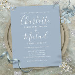 Budget Dusty Blue Script-bröllopsinbjudan<br><div class="desc">Den här eleganten är namnteckning för stil namn,  och den här dammiga blåa bröllopsinbjudan kan vara personlig med dina uppgifter i chic. Designad av Thisisnotme©</div>