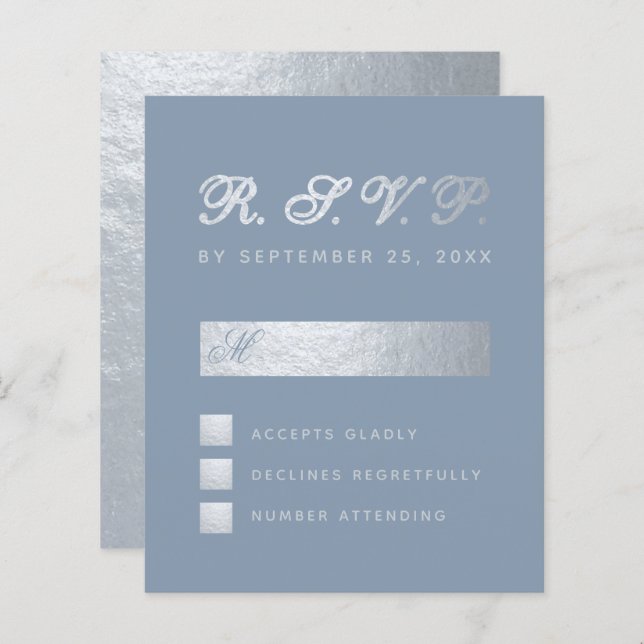 Budget Dusty Blue Silver Calligraphy Bröllop OSA (Fram/baksida)