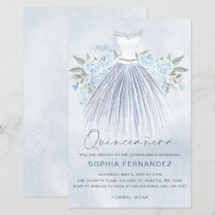 Budget Dusty Blue Silver Dress Quinceañera inbjuda