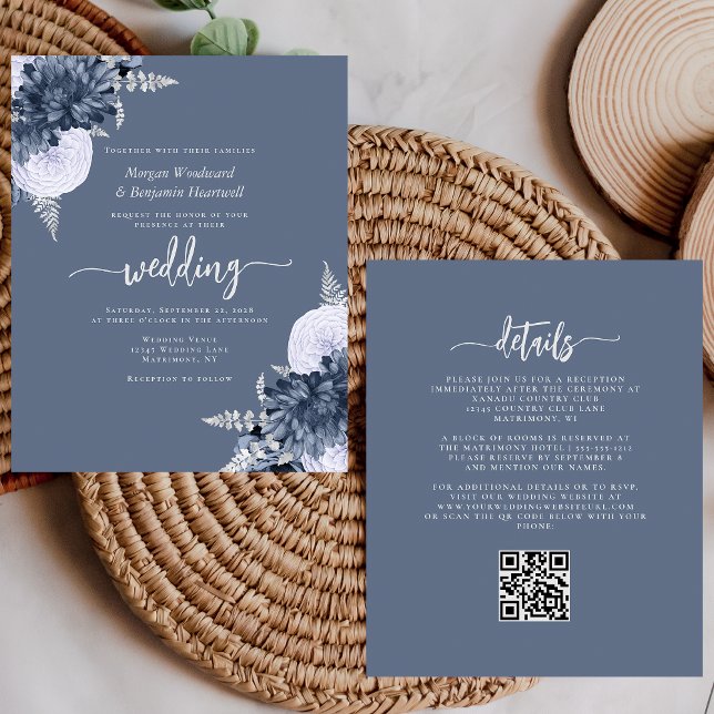 Budget Dusty Blue Silver Floral QR Code Wedding (Skapare uppladdad)