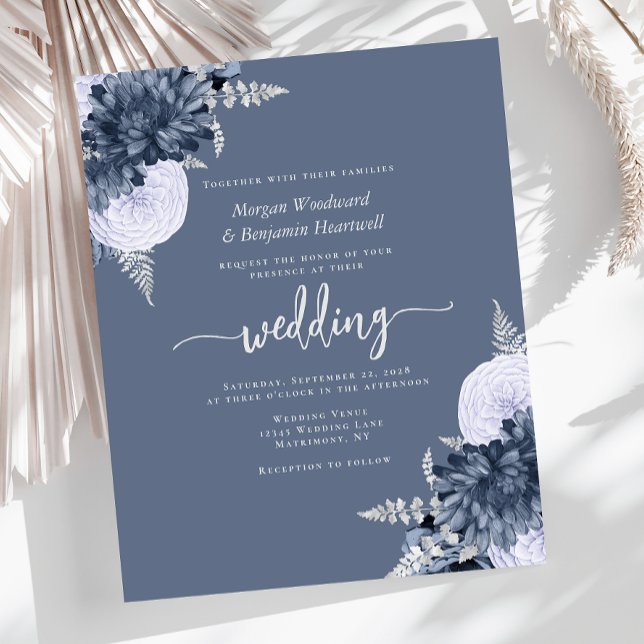 Budget Dusty Blue Silver Floral Wedding Invite (Skapare uppladdad)