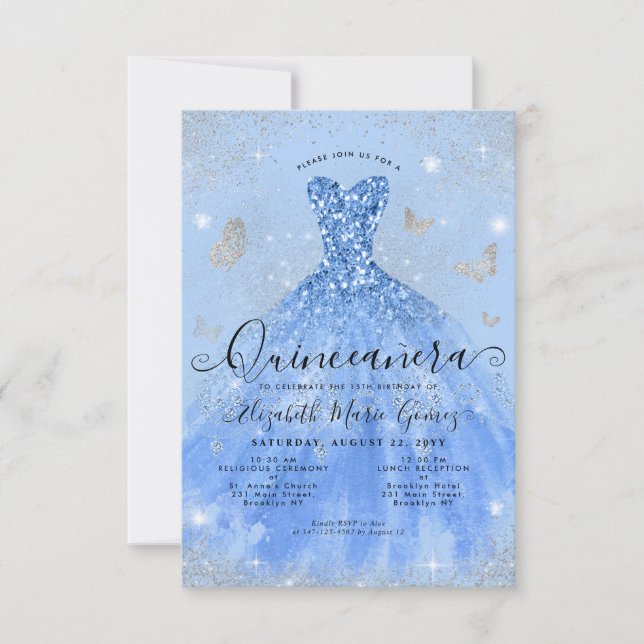 Budget Dusty Blue Silver Glitter Gown Quinceanera Anteckningskort (Framsida)