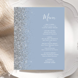 Budget Dusty Blue Silver Glitter Kant Bröllop Menu