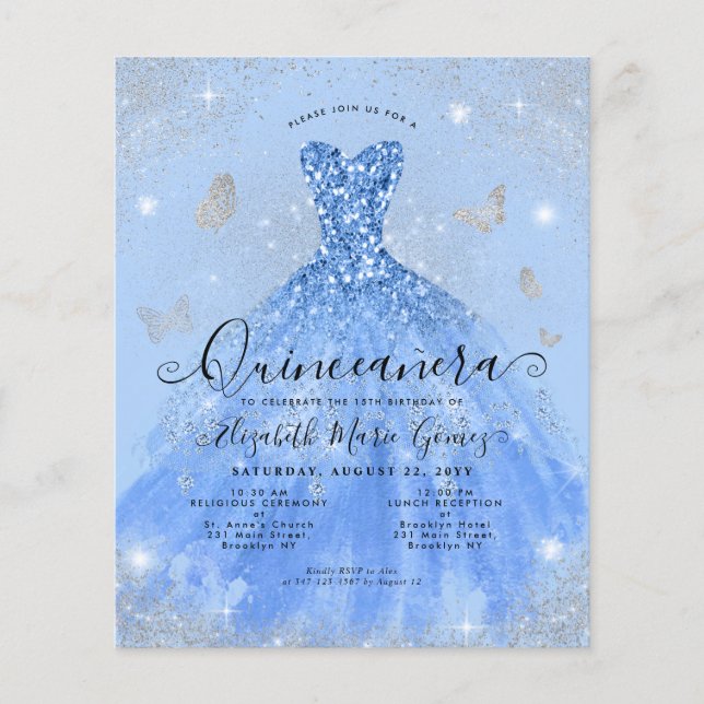 Budget Dusty Blue Silver Gown Quinceanera Inbjudan (Framsida)