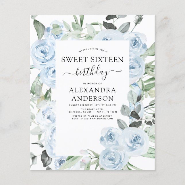 Budget Dusty Blue Sweet 16 Birthday-inbjudan Flygblad (Framsidan)