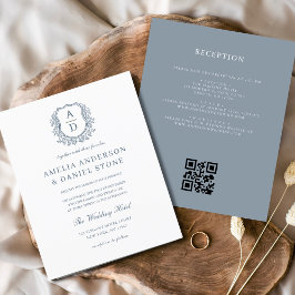 Budget Dusty Blue Vapensköld Monogram Bröllop QR-k Flygblad