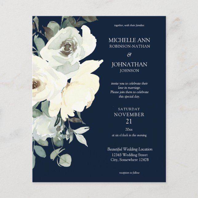 Budget Dusty Blue & Whi Blommigt Navy Bröllop Flye Flygblad (Framsidan)