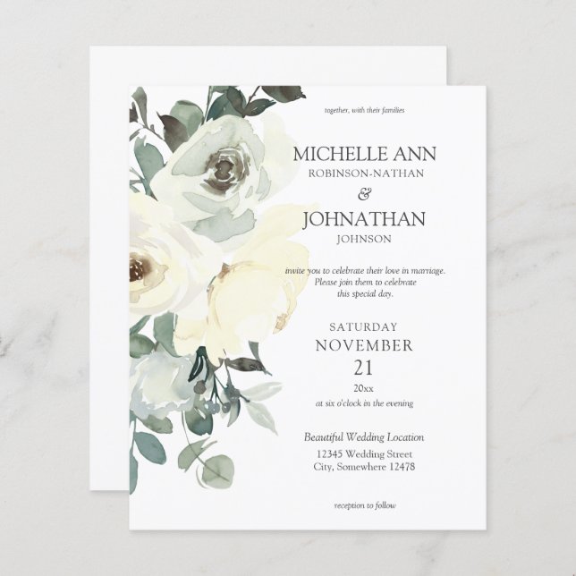 Budget Dusty Blue & White Blommigt Bröllop (Fram/baksida)