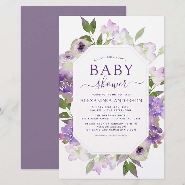Budget Dusty Lila Blommigt Greenery Baby Shower (Fram/baksida)