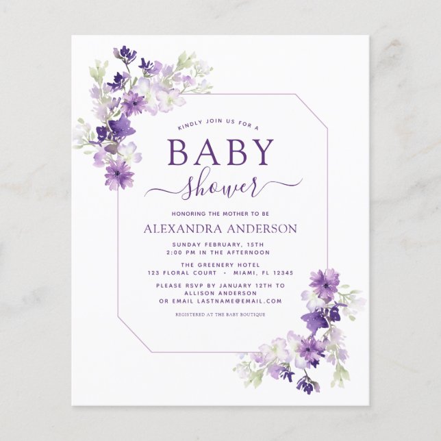 Budget Dusty Lila Blommigt Greenery Baby Shower Flygblad (Framsidan)
