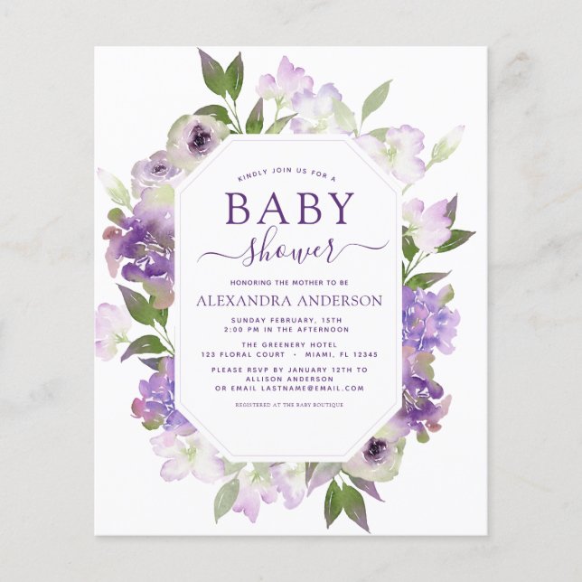Budget Dusty Lila Blommigt Greenery Baby Shower Flygblad (Framsidan)
