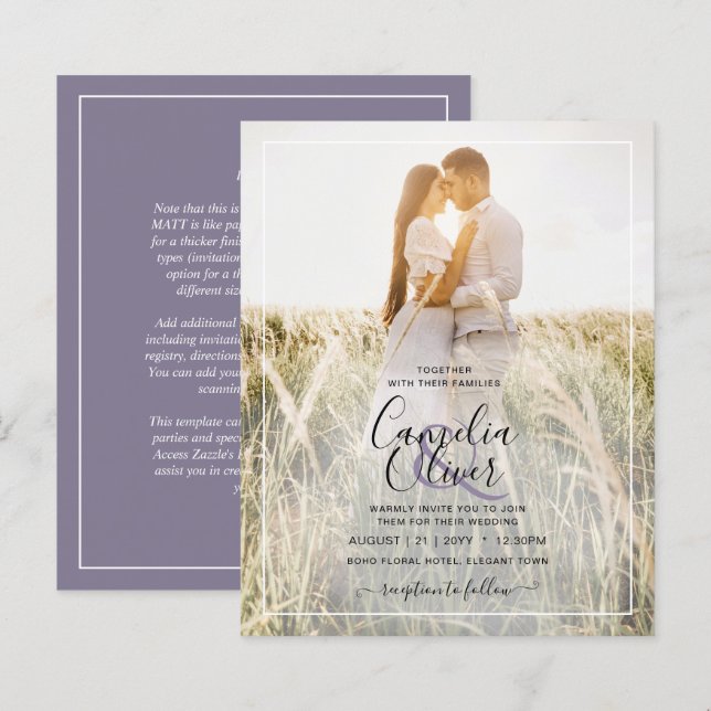 BUDGET Dusty Lila Photo Overlay Wedding bjudande i (Fram/baksida)