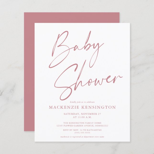 Budget Dusty Mauve Ro Rosa Script Baby Shower (Fram/baksida)