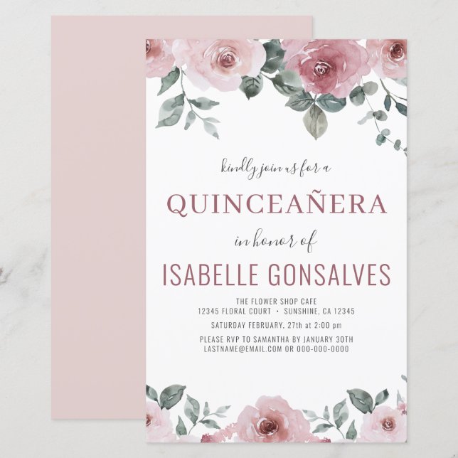 Budget Dusty Ro Blommigt QUINCEAÑERA-inbjudan (Fram/baksida)