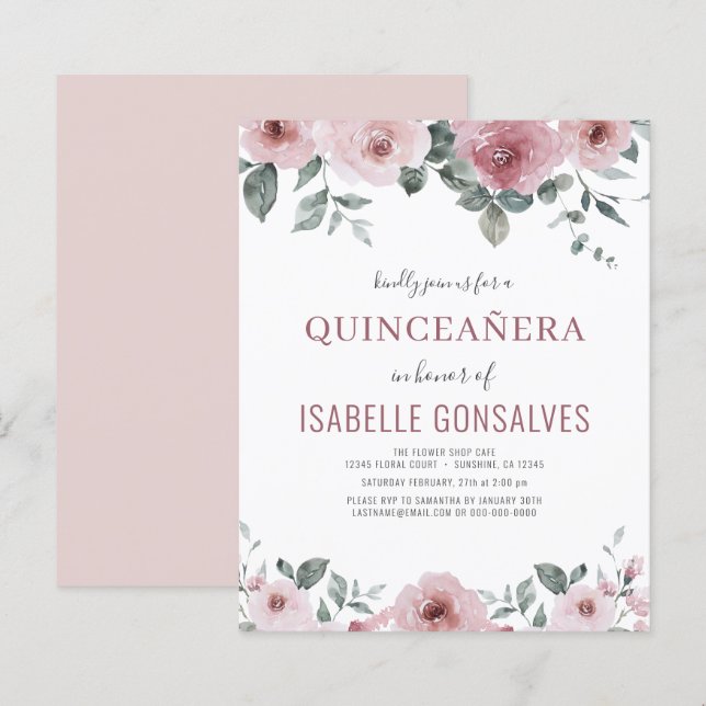 Budget Dusty Ro Blommigt QUINCEAÑERA-inbjudan (Fram/baksida)