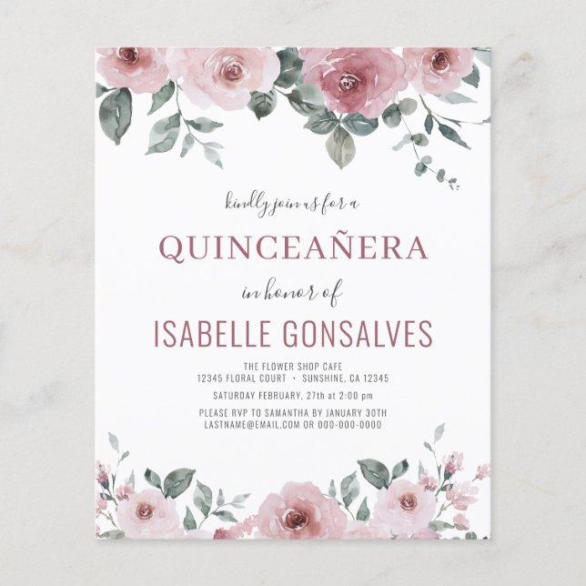 Budget Dusty Ro Blommigt QUINCEAÑERA-inbjudan Flygblad (Framsidan)