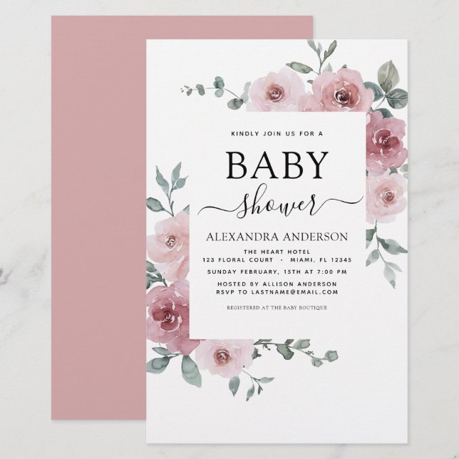 Budget Dusty Ro Rosa Baby Shower Blommigt (Fram/baksida)