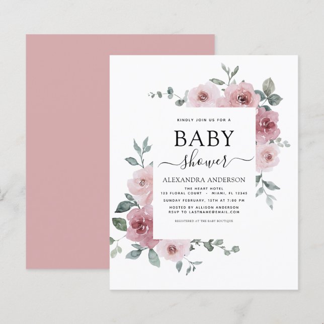 Budget Dusty Ro Rosa Baby Shower Blommigt (Fram/baksida)