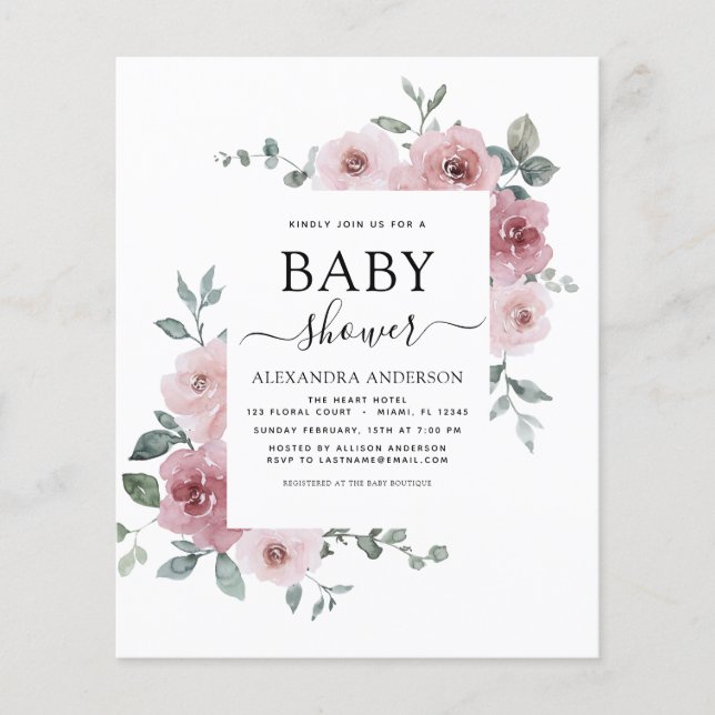 Budget Dusty Ro Rosa Baby Shower Blommigt Flygblad (Framsidan)