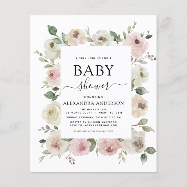 Budget Dusty Ro Rosa Baby Shower Blommigt Greenery Flygblad (Framsidan)