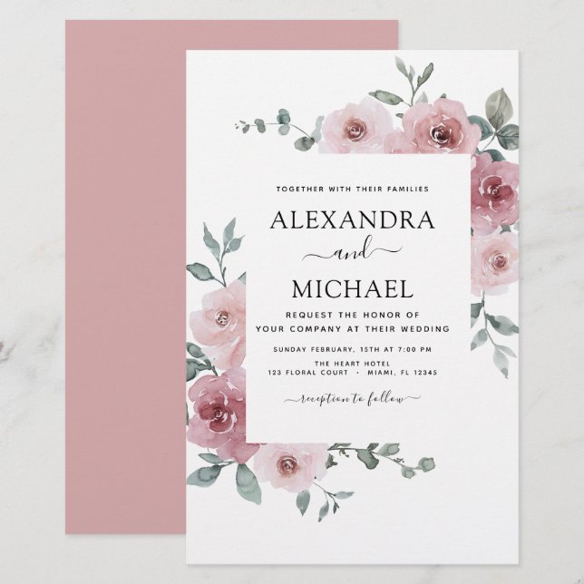 Budget Dusty Ro Rosa Blommigt Greenery Bröllop (Fram/baksida)