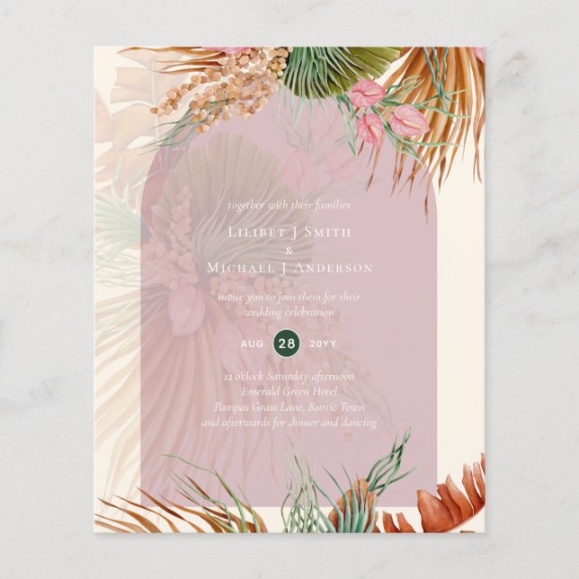 BUDGET Dusty Ro Tropical Pampas Grass Bröllop Flygblad (Framsidan)