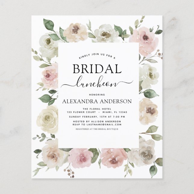 Budget Dusty Rosa Möhippa Luncheon Blommigt Flygblad (Framsidan)