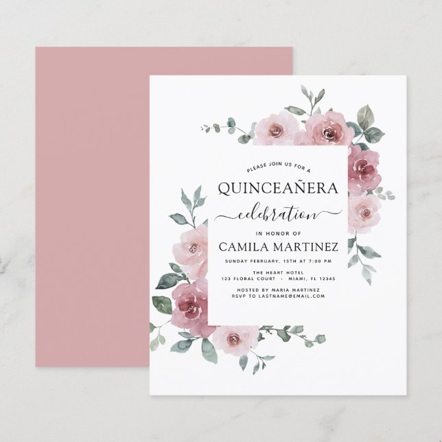 Budget Dusty Rosa Quinceañera-Blommigt - inbjudan (Fram/baksida)