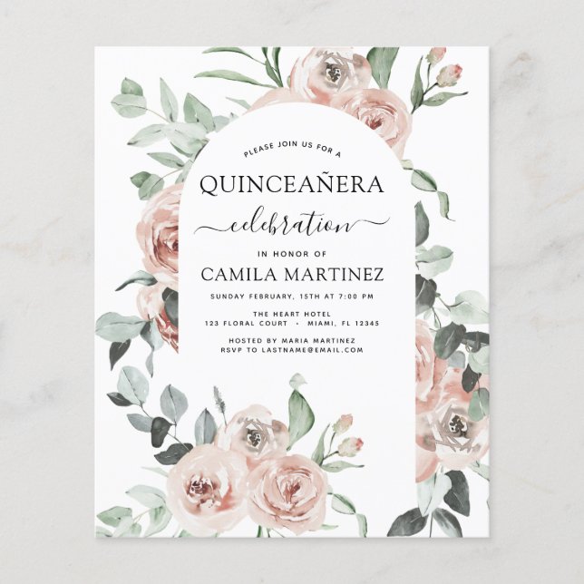 Budget Dusty Rosa Quinceañera-Blommigt - inbjudan Flygblad (Framsidan)
