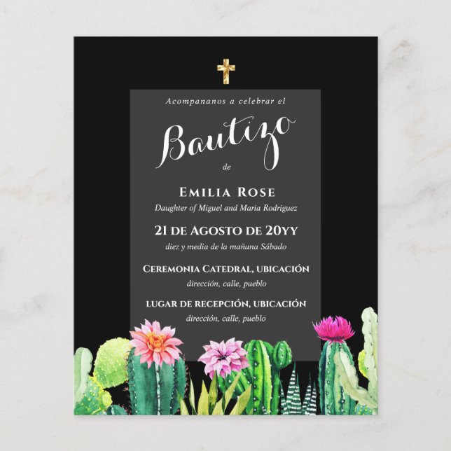 Budget EL BAUTIZO Baptism Christening CACTI Inbjud Flygblad (Framsidan)
