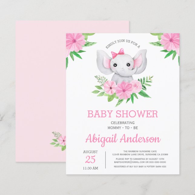 BUDGET Elefant Baby Shower Blommig Inbjudan (Fram/baksida)