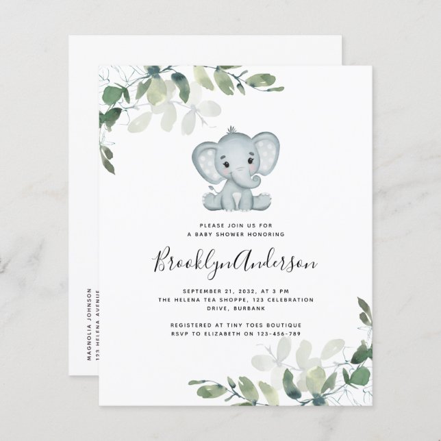 BUDGET Elefant Eukalyptus Baby Shower Inbjudan (Fram/baksida)