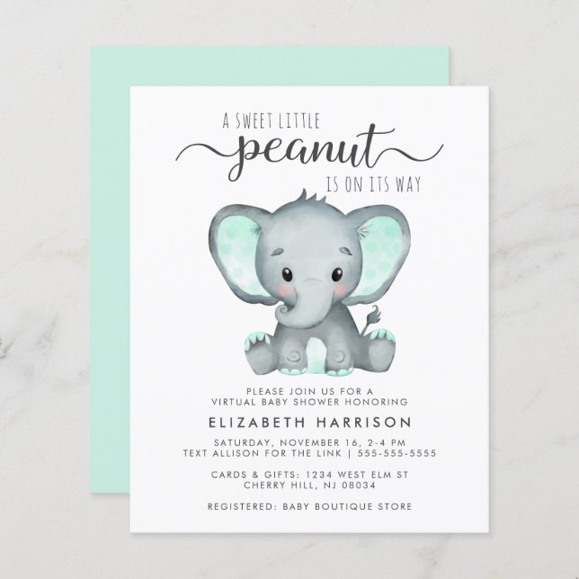 Budget Elefant Mint Virtuell Baby Shower Inbjudan (Fram/baksida)