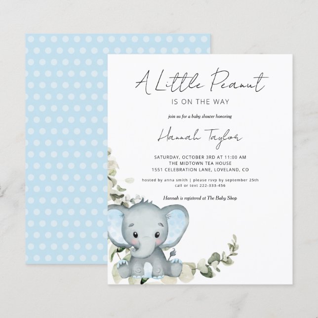 Budget Elefant Pojke Baby Shower Inbjudan (Fram/baksida)