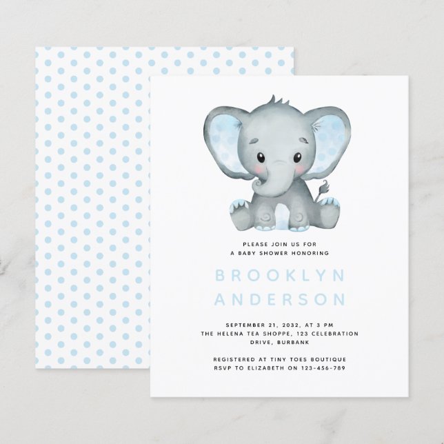 BUDGET Elefantpojke Baby Shower Inbjudan (Fram/baksida)