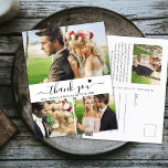 Budget Elegant 3 Photo Collage Bröllop Tack Vykort<br><div class="desc">Budgeterad Elegant Snyggt Hand med skript 3 Photo Collage Bröllop Tack vykort. Minimalistiskt tack för bröllop, med en kortmall med 3 foton på framsidan och ett foto på baksidan. Med texten "Tack" i ett glatt, stavat skrivstil med svan och litet kärlek-hjärta i svartvitt. Enkel att lägga till ditt eget namn...</div>