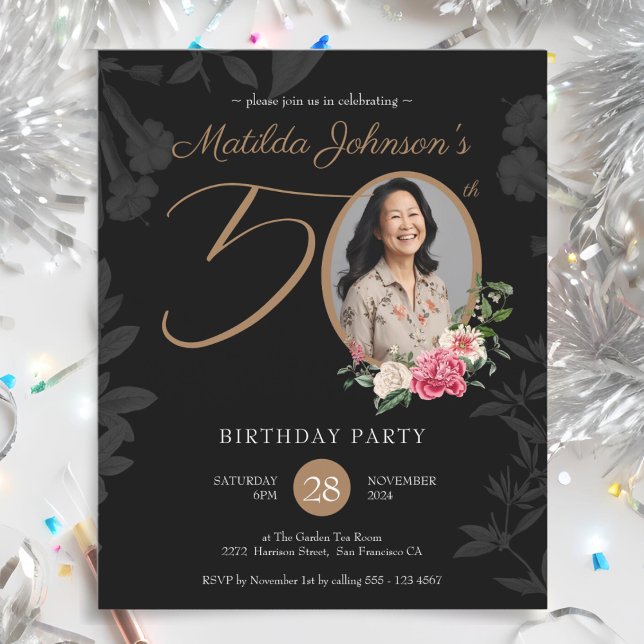 Budget Elegant Black 50:e födelsedagsinbjudan (Budget Elegant Black 50th Birthday Invitation)