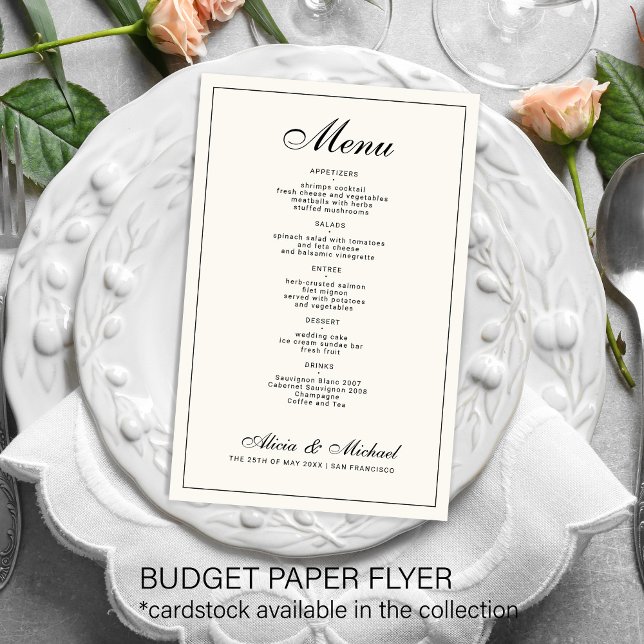 Budget elegant black cream ivory wedding menu flygblad (Skapare uppladdad)