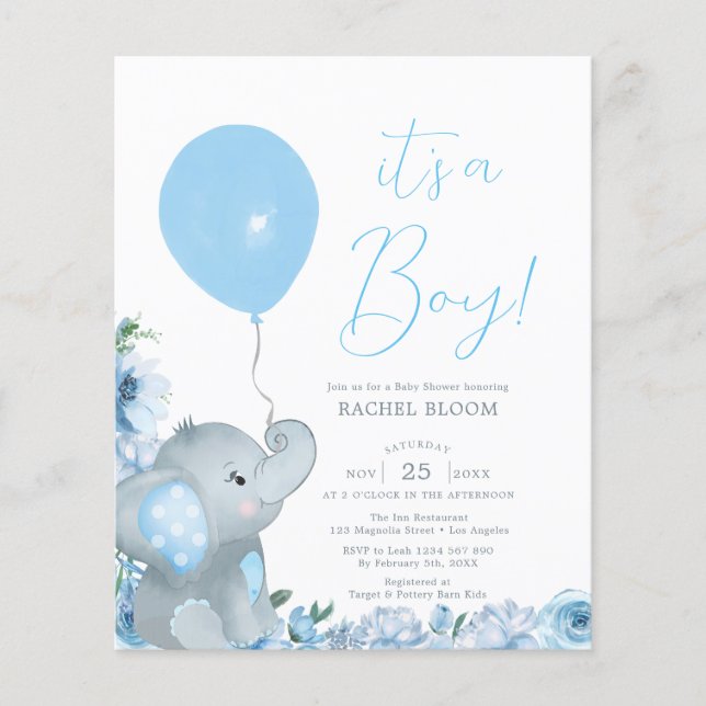 Budget Elegant Blue Elephant Boy Baby Shower Flygblad (Framsidan)
