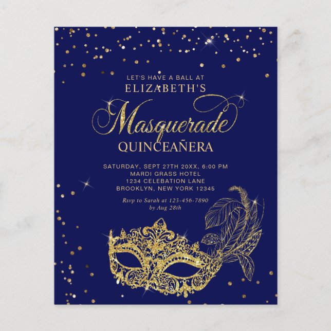 BUDGET Elegant Blue Guld Masquuppad Quinceañera (Framsida)