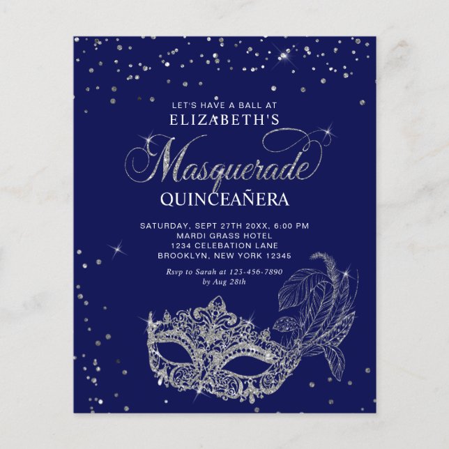 BUDGET Elegant Blue Silver Masquuppad Quinceañera (Framsida)