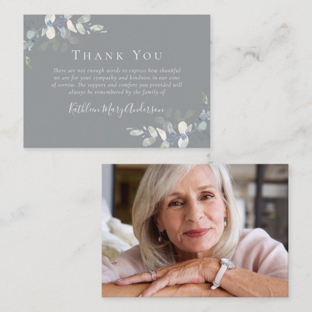 BUDGET Elegant Eucalyptus Photo Funeral Tack Anteckningskort (Fram/baksida)