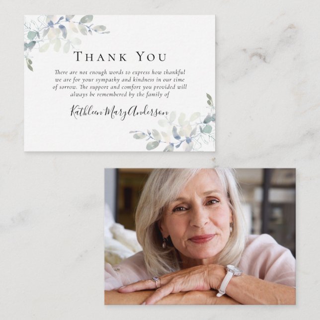BUDGET Elegant Eucalyptus Photo Funeral Tack Anteckningskort (Fram/baksida)