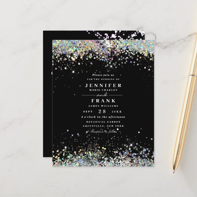 Budget Elegant Glitter Black Wedding bjudande (Fram/Back In Situ)