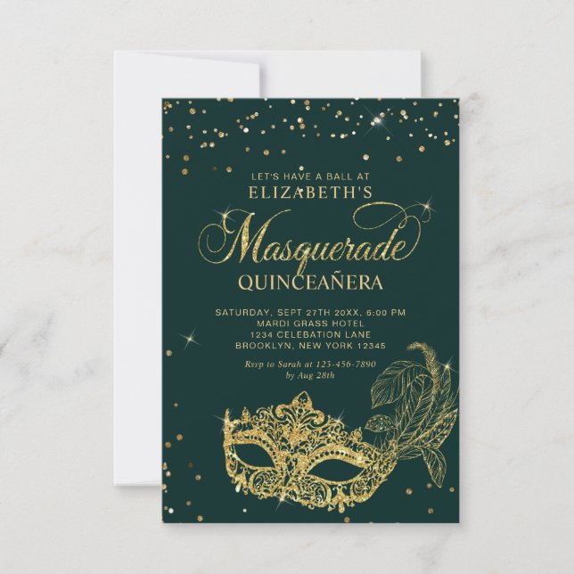 BUDGET Elegant Grönt Guld Masquuppad Quinceañera Anteckningskort (Framsida)