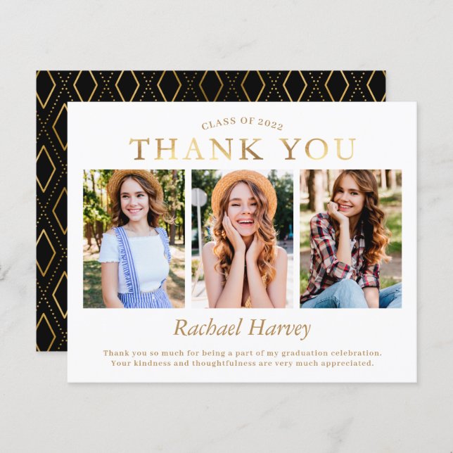 Budget Elegant Guld 3 Photo Studenten Tack (Fram/baksida)