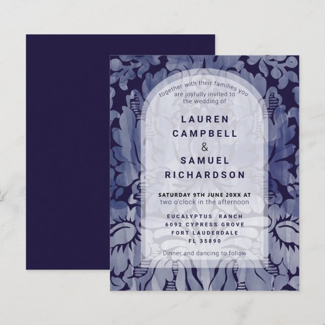 Budget Elegant Marinblå Damask Bröllopsinbjudan (Fram/baksida)